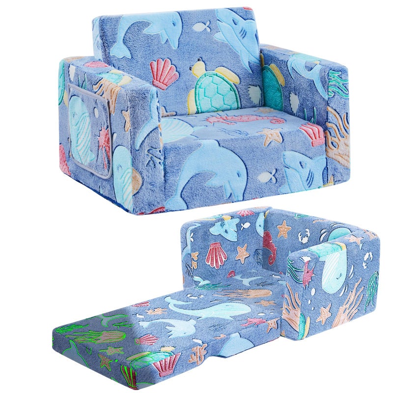 inhand Toddler Chair Comfy,2-in-1 Soft Toddler Couch Fold Out for Kids,Convertible Sofa to Lounger,Gift for Girls and Boys Birthday,Ocean - Image 1