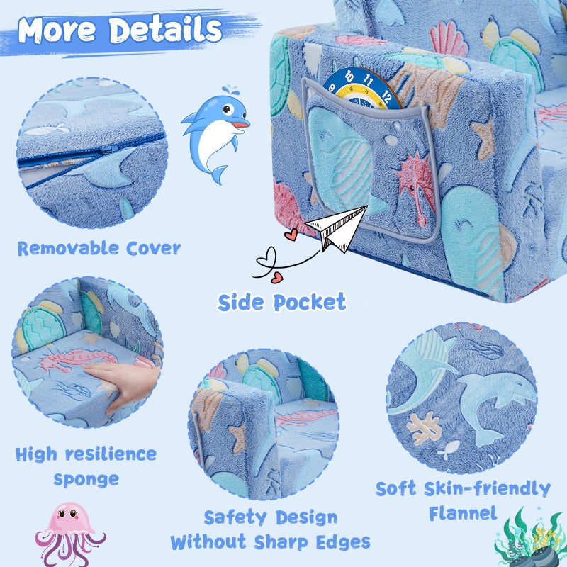 inhand Toddler Chair Comfy,2-in-1 Soft Toddler Couch Fold Out for Kids,Convertible Sofa to Lounger,Gift for Girls and Boys Birthday,Ocean - Image 3