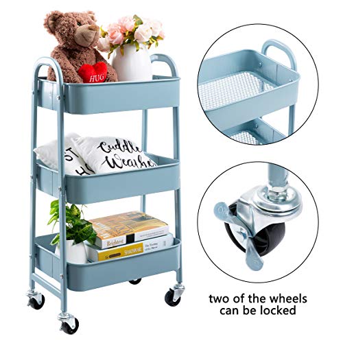 AGTEK Makeup Cart, Movable Rolling Organizer Cart, Grey-Blue 3 Tier Metal Utility Cart - Image 5