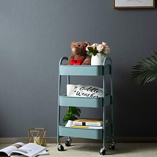 AGTEK Makeup Cart, Movable Rolling Organizer Cart, Grey-Blue 3 Tier Metal Utility Cart - Image 4