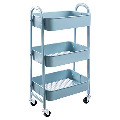 AGTEK Makeup Cart, Movable Rolling Organizer Cart, Grey-Blue 3 Tier Metal Utility Cart - Image 1