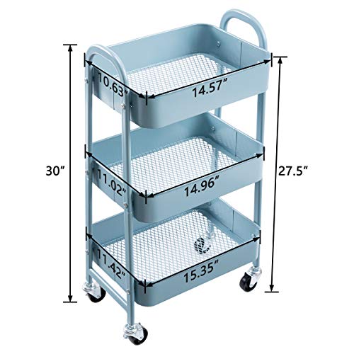 AGTEK Makeup Cart, Movable Rolling Organizer Cart, Grey-Blue 3 Tier Metal Utility Cart - Image 3