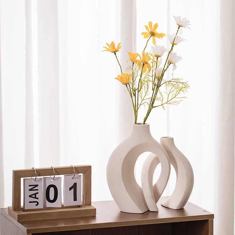Liotww Ceramic Vases For Home Decor Set Of 2  Off White Boho Small Flower Vase  Minimalist Decorative Modern Donut Vase For Living Dining Room Office Entryway Book Shelf Coffee Console Table D?Cor - Image 4