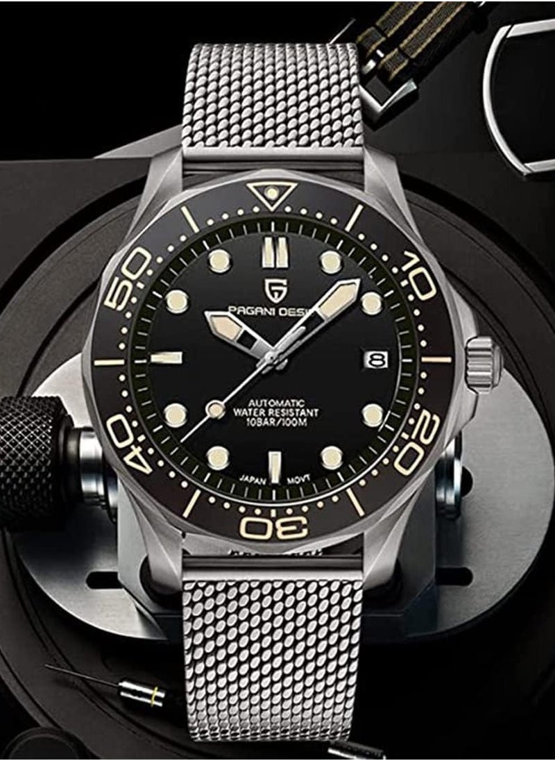 PAGANI DESIGN Men's Fashion Business Automatic Mechanical Watches, Stainless Steel Mesh Strap, Japanese Movement, Waterproof PD1667 Black  - Image 2