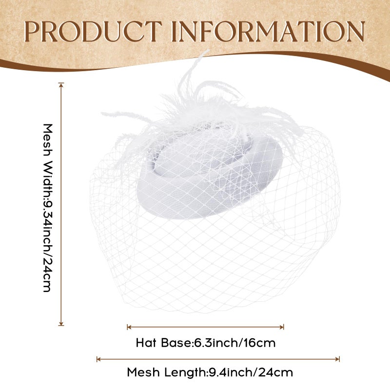 Revkokmx Fascinator Hat Veil Feather Fascinator Tea Party Bridal Wedding Veil Retro Hat Pillbox Derby Hats for Women White - Image 2