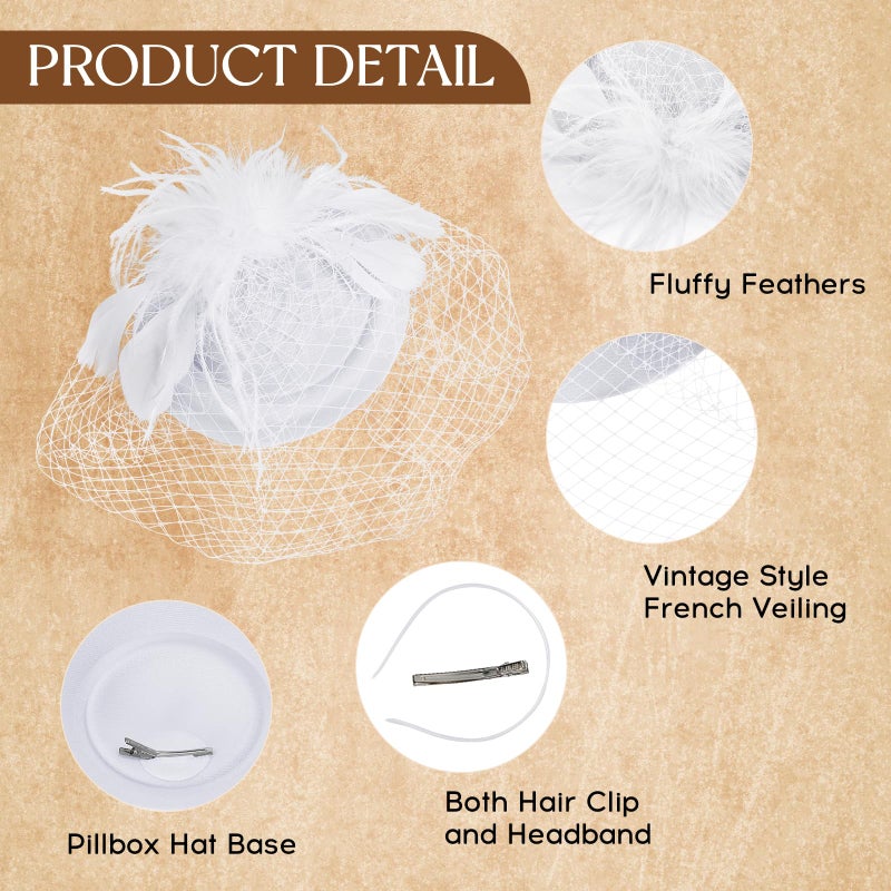 Revkokmx Fascinator Hat Veil Feather Fascinator Tea Party Bridal Wedding Veil Retro Hat Pillbox Derby Hats for Women White - Image 3