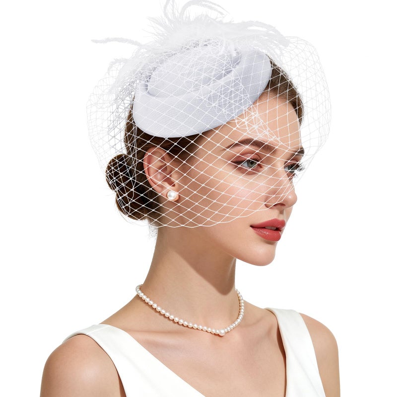 Revkokmx Fascinator Hat Veil Feather Fascinator Tea Party Bridal Wedding Veil Retro Hat Pillbox Derby Hats for Women White - Image 1