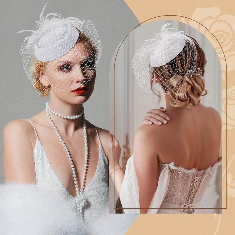 Revkokmx Fascinator Hat Veil Feather Fascinator Tea Party Bridal Wedding Veil Retro Hat Pillbox Derby Hats for Women White - Image 4