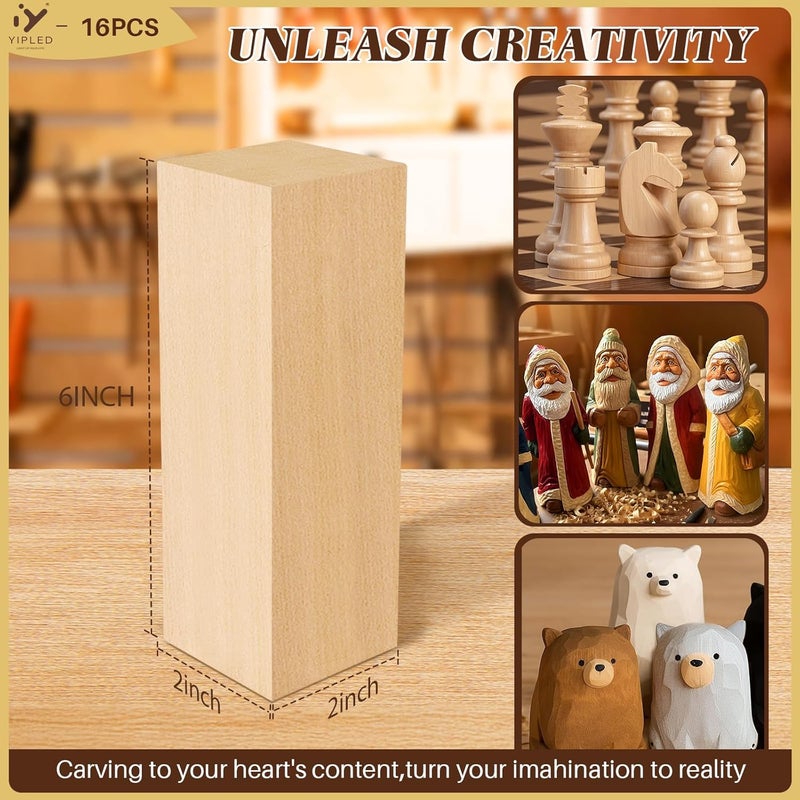 YIPLED 16PCS Basswood Carving Blocks, 6x2x2 inch Soft Whittling Wood Blocks for Easy Carving, Carving Wood Blocks - Smooth Cut, No Cracks, Easy to Paint - Image 2