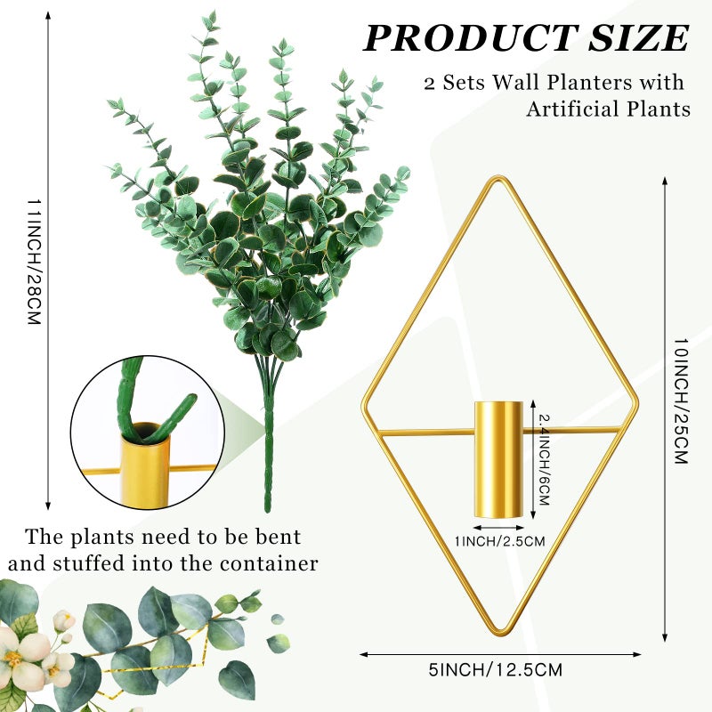 Canlierr 2 Pieces Gold Wall Decor Hanging Planters with Artificial Plants Metal Vase Indoor Plants Holder Modern Geometric Wall Art for Home Bathroom Bedroom Living Room Office(Eucalyptus,Medium) - Image 2