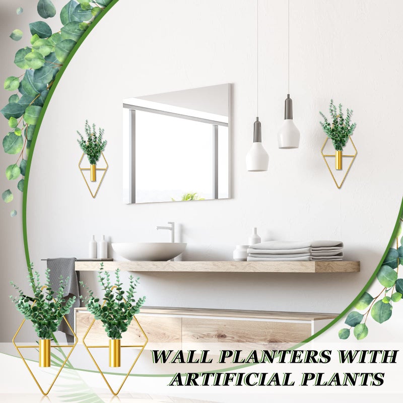Canlierr 2 Pieces Gold Wall Decor Hanging Planters with Artificial Plants Metal Vase Indoor Plants Holder Modern Geometric Wall Art for Home Bathroom Bedroom Living Room Office(Eucalyptus,Medium) - Image 4