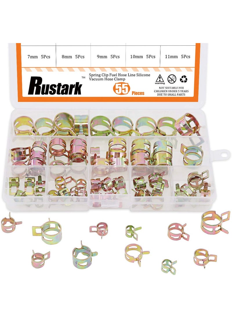 Rustark Rustark 55Pcs Spring Band Type Action Fuel Line Silicone Vacuum Hose Pipe Clamp Low Pressure Air Clip Clamps Fasteners Assortment Kit (5 x 7mm 8mm 9mm 10mm 11mm 12mm 13mm 14mm 15mm 16mm 17mm)  - Image 1