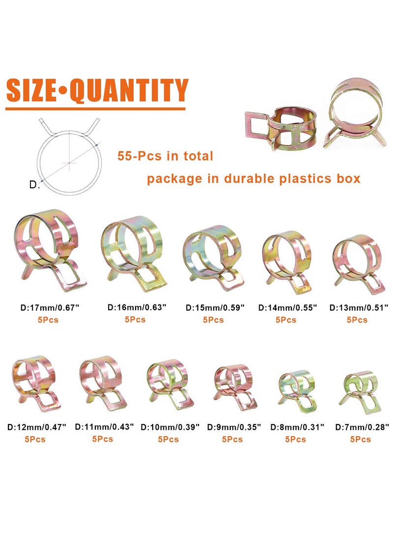 Rustark Rustark 55Pcs Spring Band Type Action Fuel Line Silicone Vacuum Hose Pipe Clamp Low Pressure Air Clip Clamps Fasteners Assortment Kit (5 x 7mm 8mm 9mm 10mm 11mm 12mm 13mm 14mm 15mm 16mm 17mm)  - Image 2