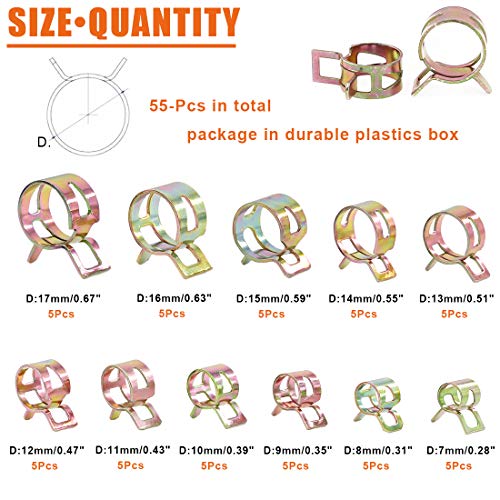 Rustark 55Pcs Spring Band Type Action Fuel Line Silicone Vacuum Hose Pipe Clamp Low Pressure Air Clip Clamps Fasteners Assortment Kit (5 x 7mm 8mm 9mm 10mm 11mm 12mm 13mm 14mm 15mm 16mm 17mm) - Image 2