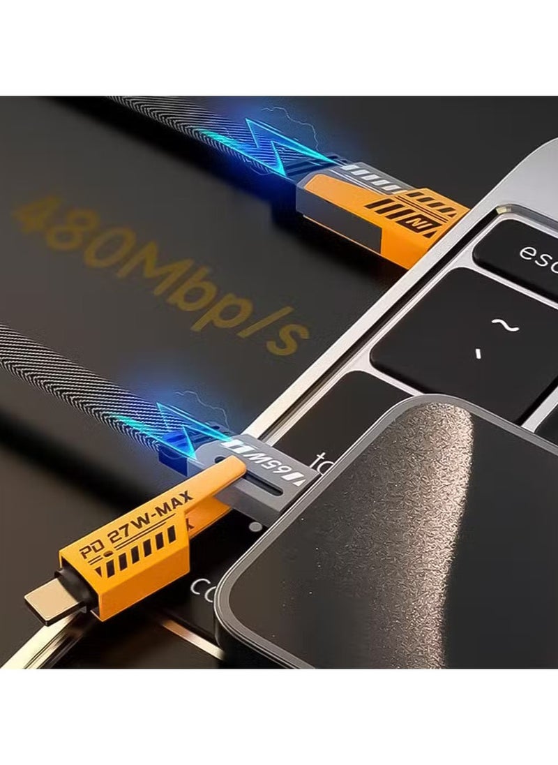 Start - 4 in 1 USB C to USB C Fast Charging Cable (65W) with Built-in USB A and Lightning Connector (27W), Flat and Fast Charging Cable - Image 1