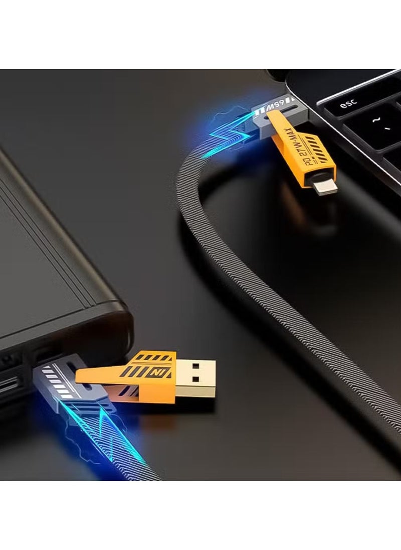 Start - 4 in 1 USB C to USB C Fast Charging Cable (65W) with Built-in USB A and Lightning Connector (27W), Flat and Fast Charging Cable - Image 1