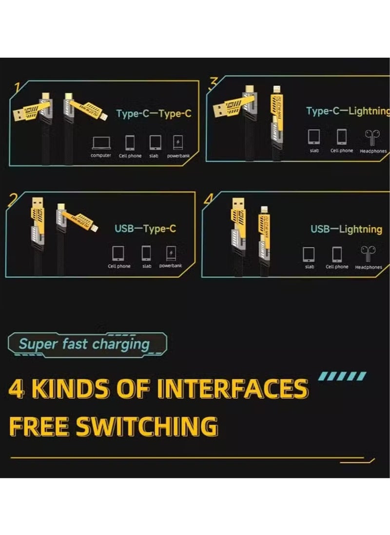 Start - 4 in 1 USB C to USB C Fast Charging Cable (65W) with Built-in USB A and Lightning Connector (27W), Flat and Fast Charging Cable - Image 1