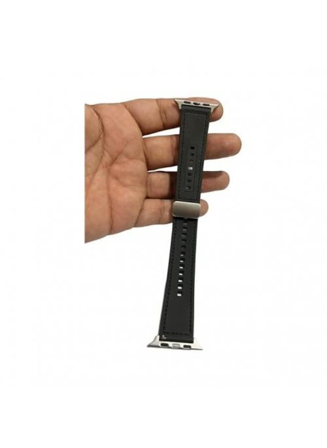 Generic - Sturdy Strap Leather Band Magnetic Clasp Compatible With Apple Watch Ultra 49mm & Apple Watch Ultra2 49mm Black - Image 1