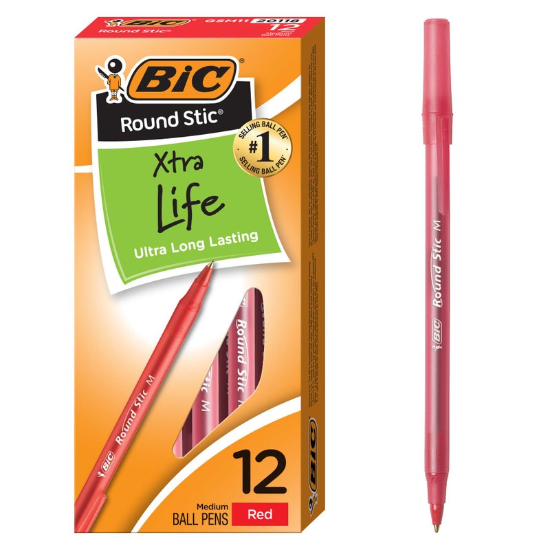BIC Round Stic Xtra Life Red Ballpoint Pens, Medium Point (1.0mm), 12-Count Pack of Bulk Pens, Flexible Round Barrel for Writing Comfort, No. 1 Selling Ballpoint Pens - Image 1