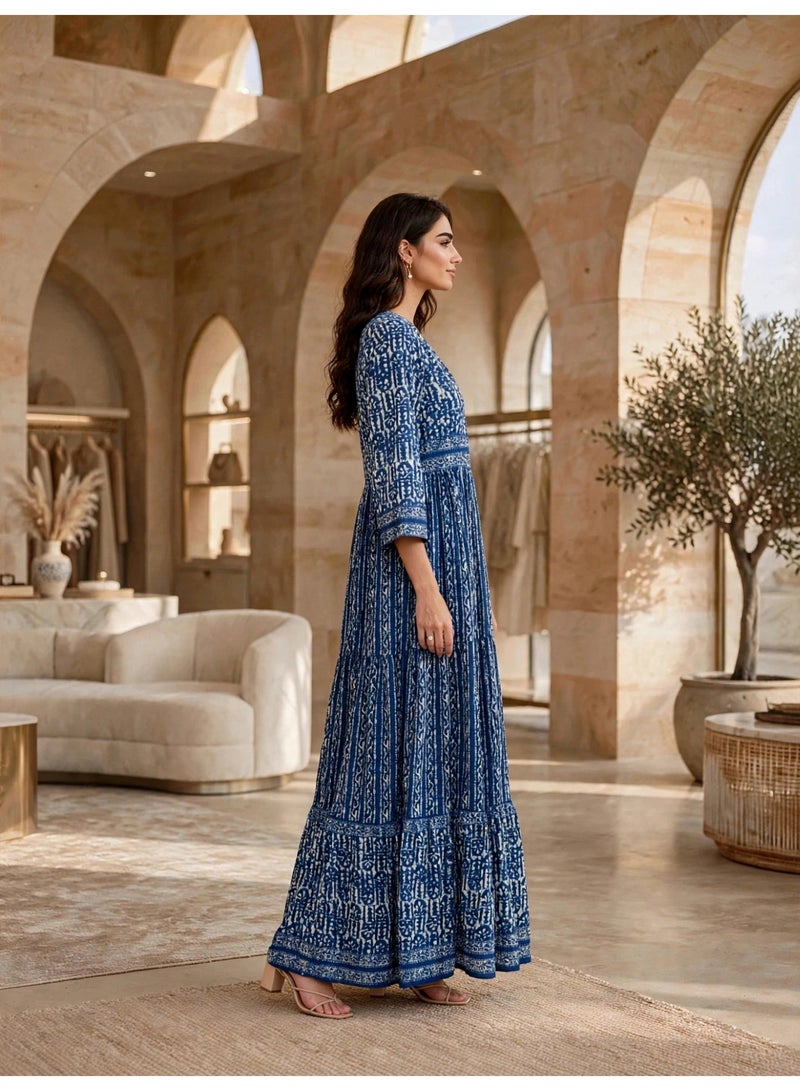 IKKXA Vintage Geometric Pattern Tiered Jalabiya IKTT38Blue - Image 3
