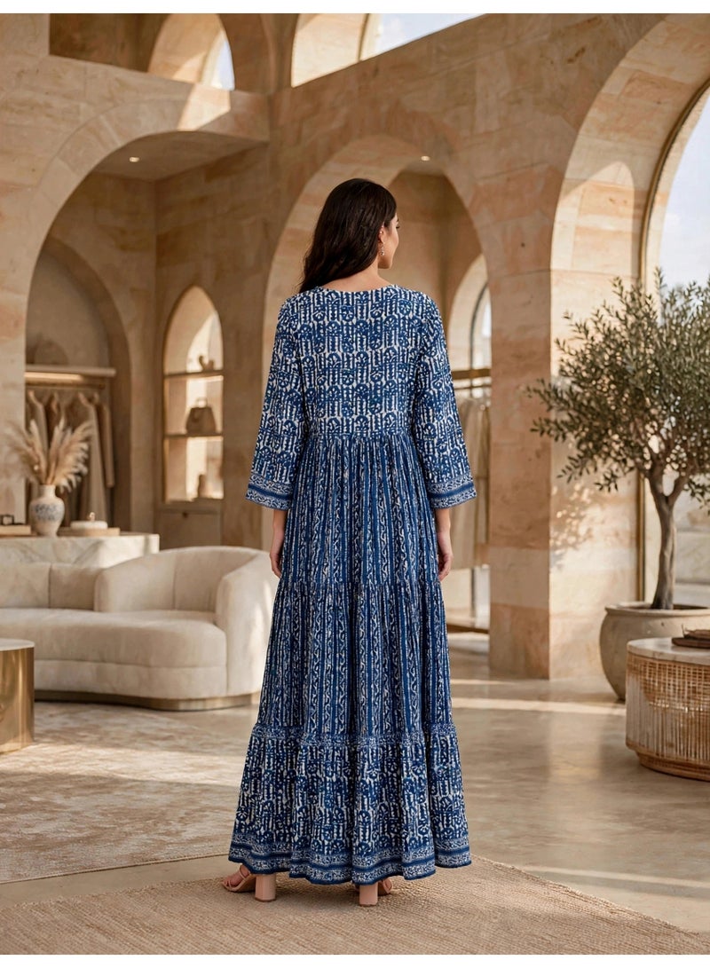 IKKXA Vintage Geometric Pattern Tiered Jalabiya IKTT38Blue - Image 5