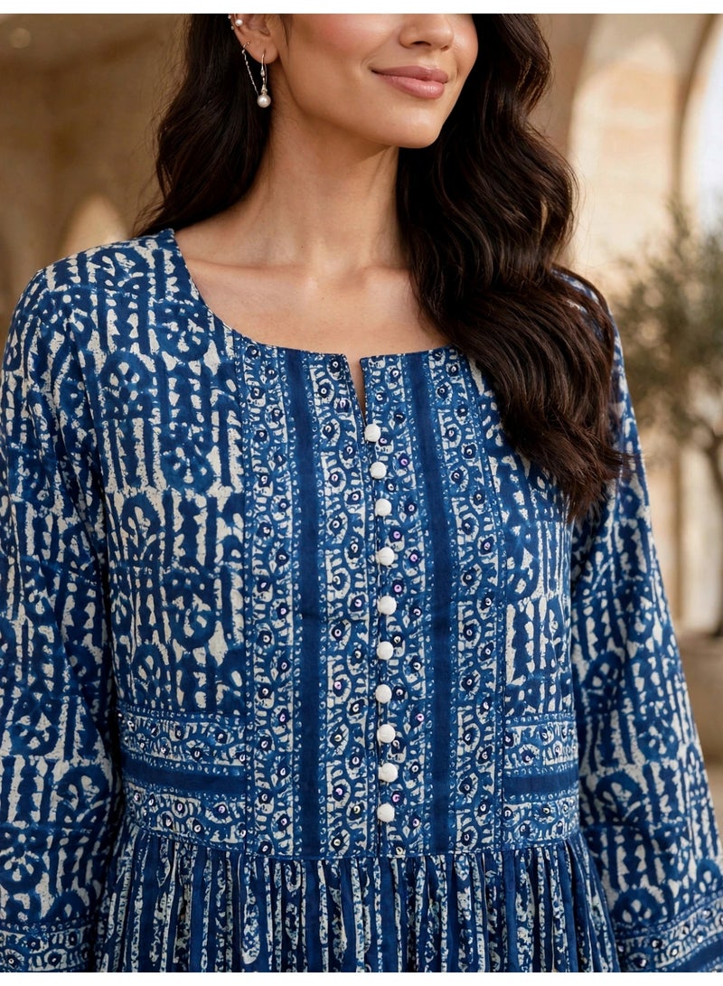 IKKXA Vintage Geometric Pattern Tiered Jalabiya IKTT38Blue - Image 2
