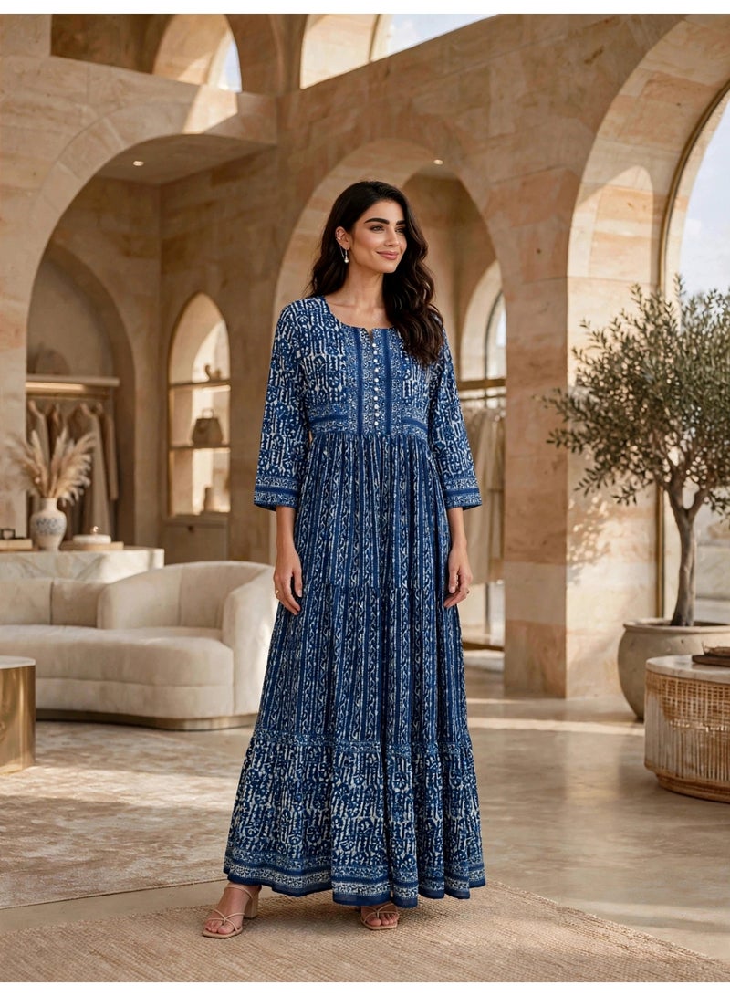 IKKXA Vintage Geometric Pattern Tiered Jalabiya IKTT38Blue - Image 1