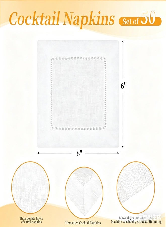 YMHPRIDE Cocktail Napkins Set of 50, 6 x 6 Inch White Linen Napkins Washable Hemstitch Cloth Napkins Natural Linen Cocktail Napkin for Wedding Bar Party Embroidery - Image 2