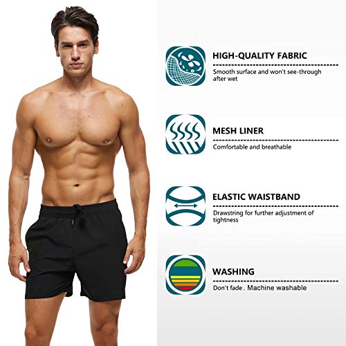 Tyhengta Men's Stretch Swim Trunks Quick Dry Beach Shorts with Zipper Pockets and Mesh Lining Black 34 - Image 3