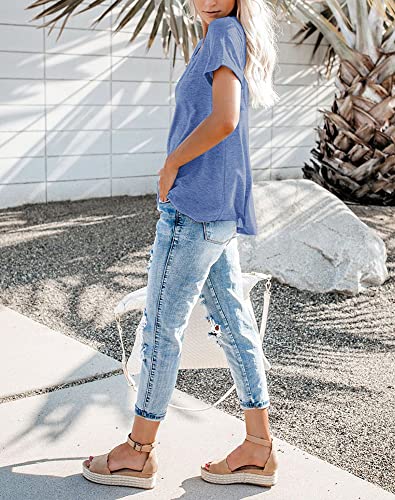 Bingerlily Women's Roll Up Short Sleeve T Shirts Summer Crew Neck Tops Loose Causal Tees with Pocket Blue - Image 2