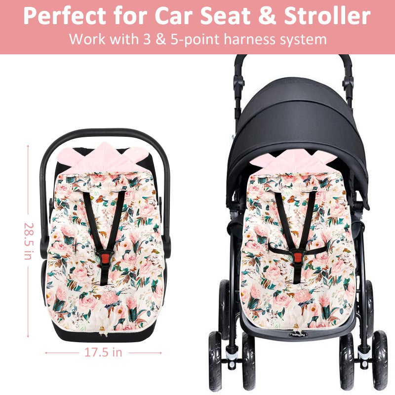 DILIMI Baby Car Seat Cover Winter, Warm & Cozy Baby Bunting Bag, Infant Carrier Cover for Girls and Boys, Pink Floral - Image 3