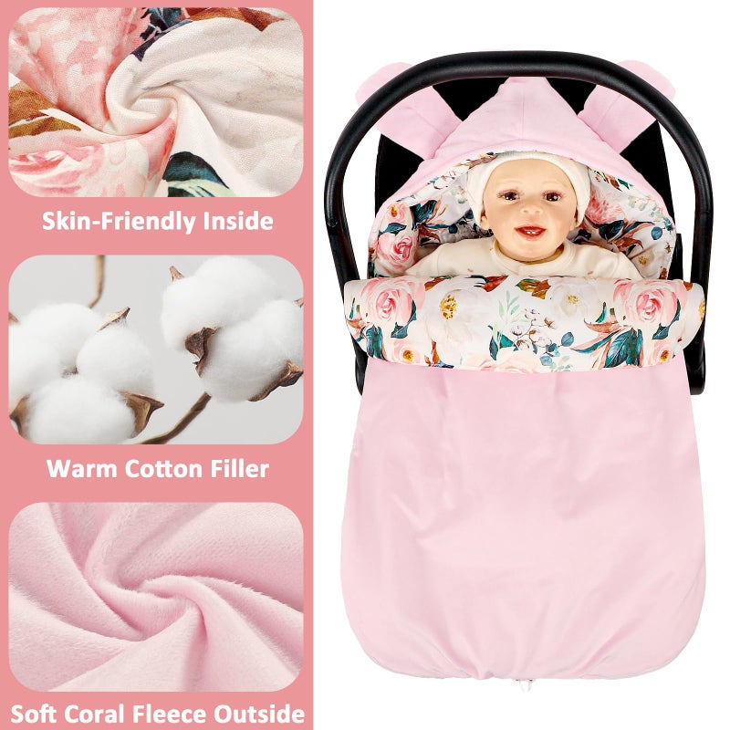 DILIMI Baby Car Seat Cover Winter, Warm & Cozy Baby Bunting Bag, Infant Carrier Cover for Girls and Boys, Pink Floral - Image 2