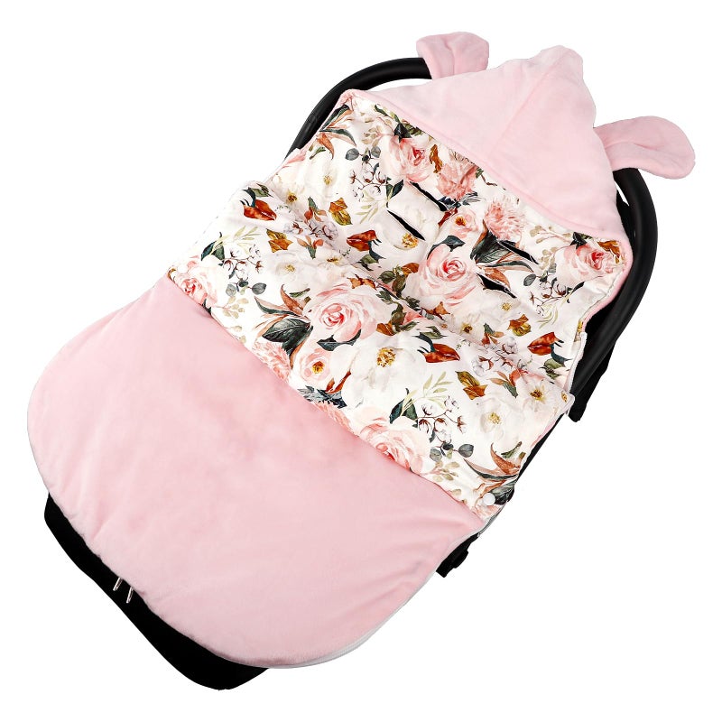 DILIMI Baby Car Seat Cover Winter, Warm & Cozy Baby Bunting Bag, Infant Carrier Cover for Girls and Boys, Pink Floral - Image 1