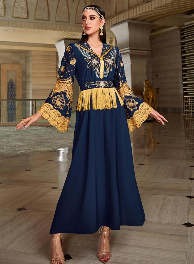 Take Two Women Navy Blue Embroidered Embellished Tasselled Jalabiya - Image 4