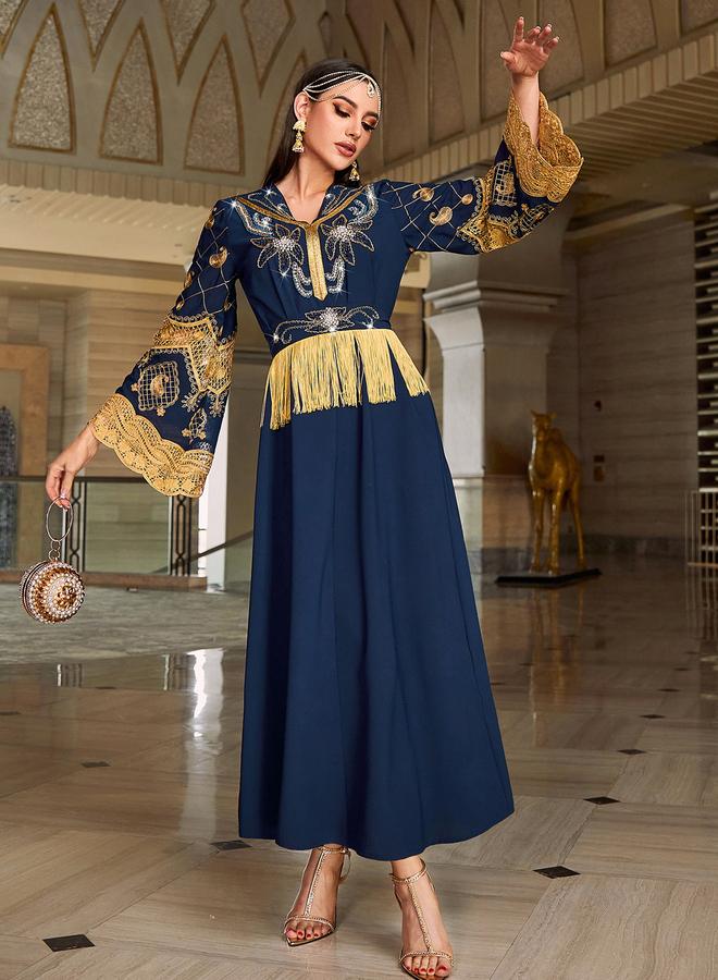 Take Two Women Navy Blue Embroidered Embellished Tasselled Jalabiya - Image 1