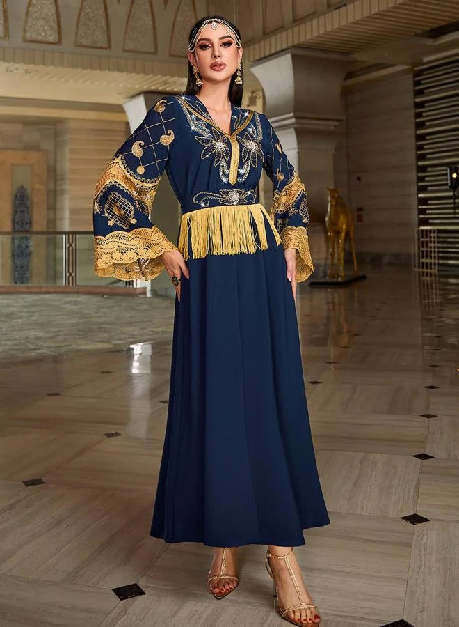 Take Two Navy Blue Women's Embroidery Detail Rhinestone Embellished Long Sleeve with Mesh Fitted Waist with Golden Tassel Jalabiya for Women | Best Price UAE