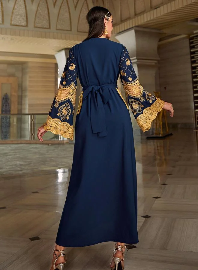 Take Two Navy Blue Women's Embroidery Detail Rhinestone Embellished Long Sleeve with Mesh Fitted Waist with Golden Tassel Jalabiya for Women | Best Price UAE