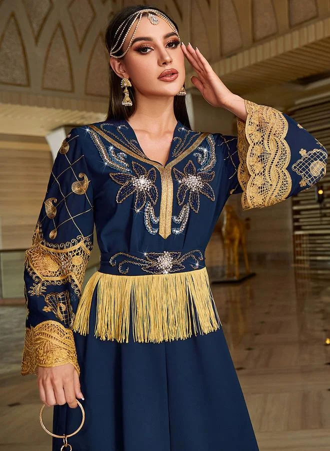 Take Two Navy Blue Women's Embroidery Detail Rhinestone Embellished Long Sleeve with Mesh Fitted Waist with Golden Tassel Jalabiya for Women | Best Price UAE