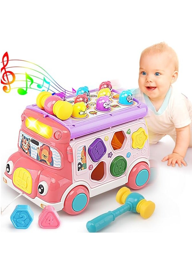 Arabest Music Activity Bus Baby Toy, Infant Education Learn Car, Sound & Light, Interactive Game, Shape Sorter, Animal Matching, Holiday Birthday Present for Toddler Kid Boy Girl 3 4 5 6 7 Years (Pink) - Image 1