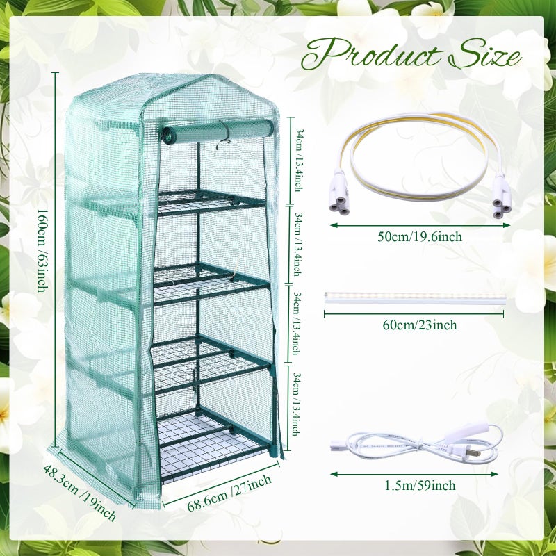 Baquler 4 Tier Mini Greenhouse Indoor Outdoor with 2 Grow Lights , 62'' H x 27'' L x 19'' W PE Cover Portable Winter Vented Greenhouse with Roll up Zipper Door Gardening Stand for Plant Seed Starting - Image 3
