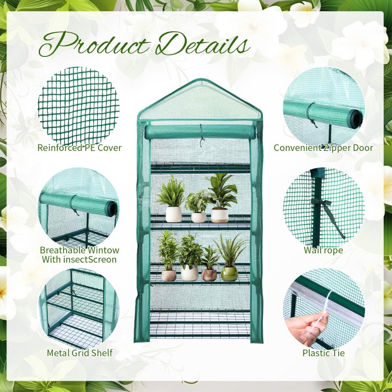 Baquler 4 Tier Mini Greenhouse Indoor Outdoor with 2 Grow Lights , 62'' H x 27'' L x 19'' W PE Cover Portable Winter Vented Greenhouse with Roll up Zipper Door Gardening Stand for Plant Seed Starting - Image 4