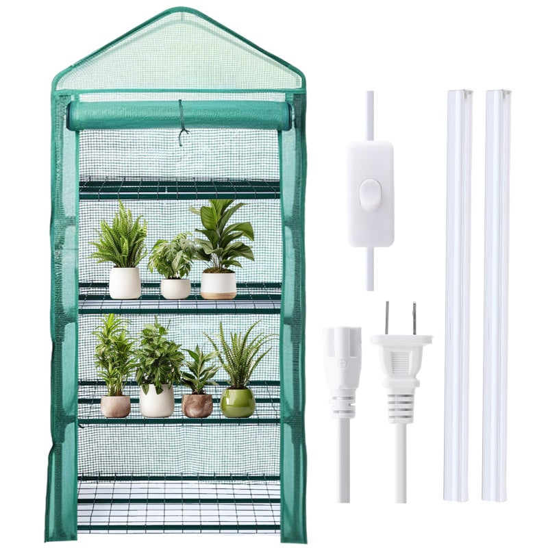 Baquler 4 Tier Mini Greenhouse Indoor Outdoor with 2 Grow Lights , 62'' H x 27'' L x 19'' W PE Cover Portable Winter Vented Greenhouse with Roll up Zipper Door Gardening Stand for Plant Seed Starting - Image 1
