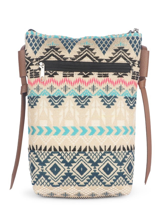 VASA Blue Multi Boho Crossbody Bag, Woven Canvas with Geometric Aztec Pattern - Image 3