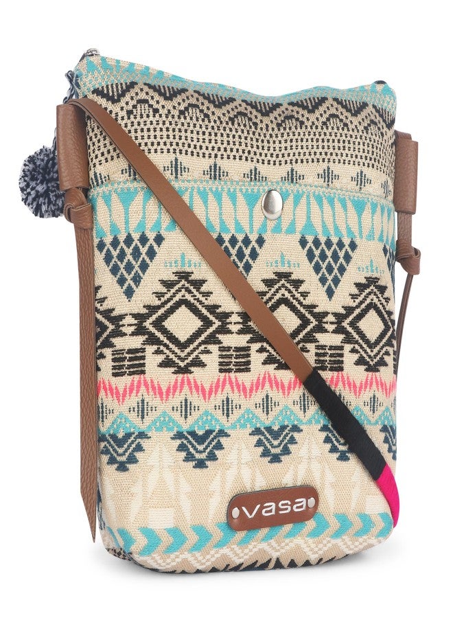 VASA Blue Multi Boho Crossbody Bag, Woven Canvas with Geometric Aztec Pattern - Image 2