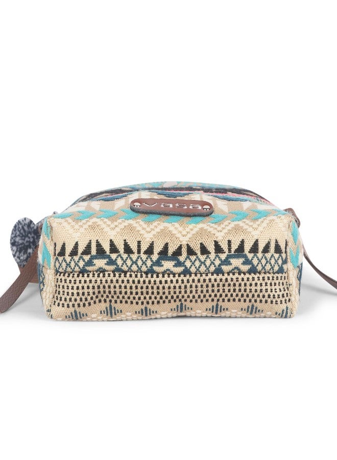 VASA Blue Multi Boho Crossbody Bag, Woven Canvas with Geometric Aztec Pattern - Image 4