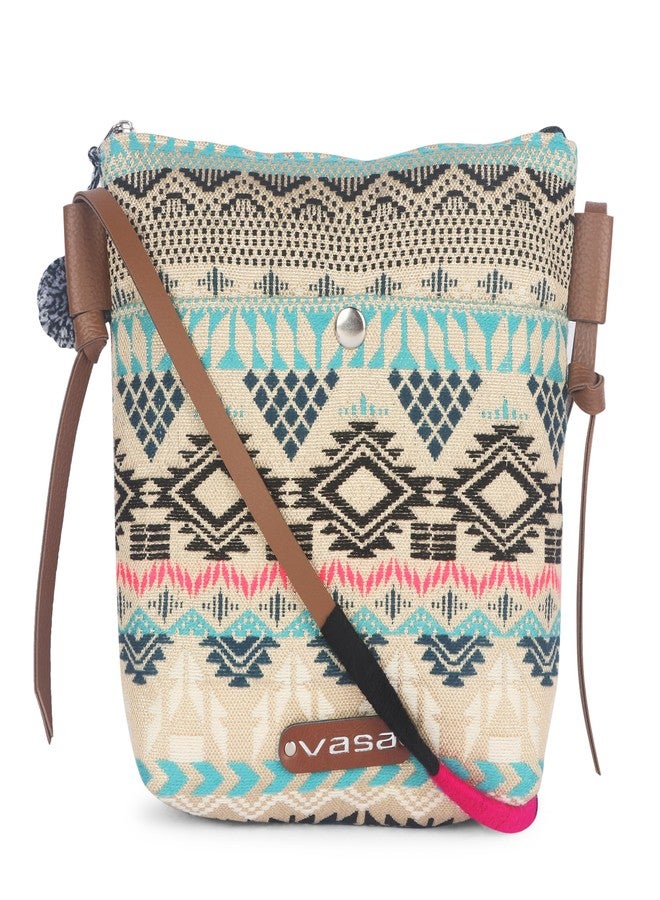 VASA Blue Multi Boho Crossbody Bag, Woven Canvas with Geometric Aztec Pattern - Image 1