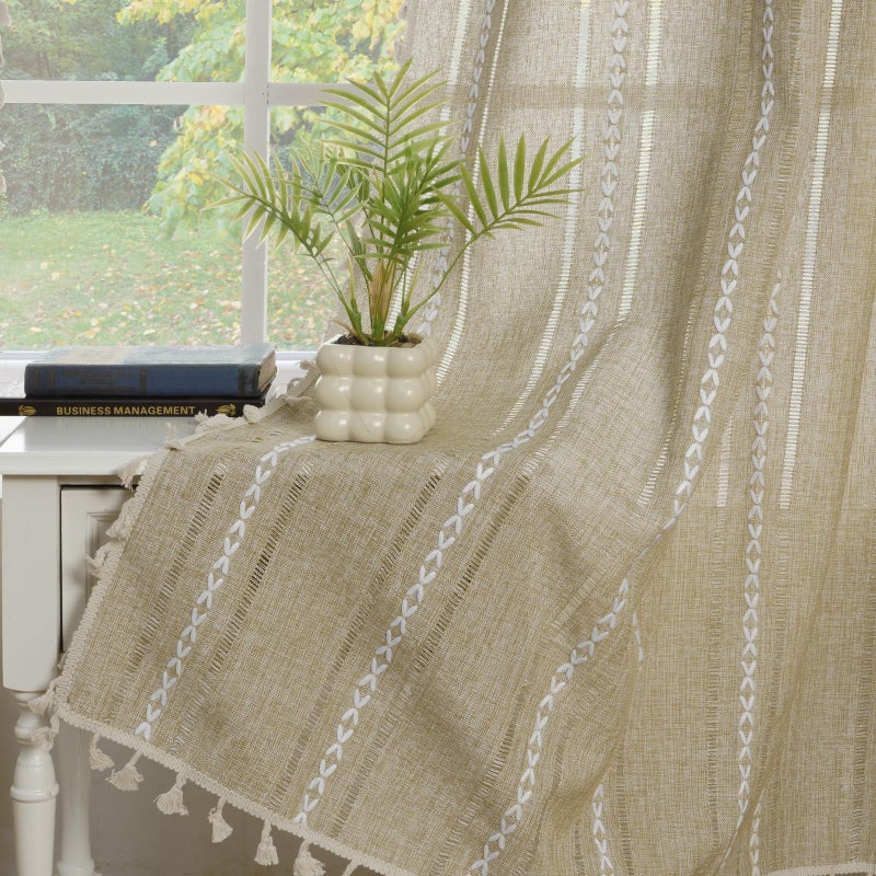 ColorBird Boho Curtains 84 inch Length 2 Panels Set Tan Embroidered Striped Farmhouse Drapes for Bedroom Living Room Dining Nursery Doorways - Image 1