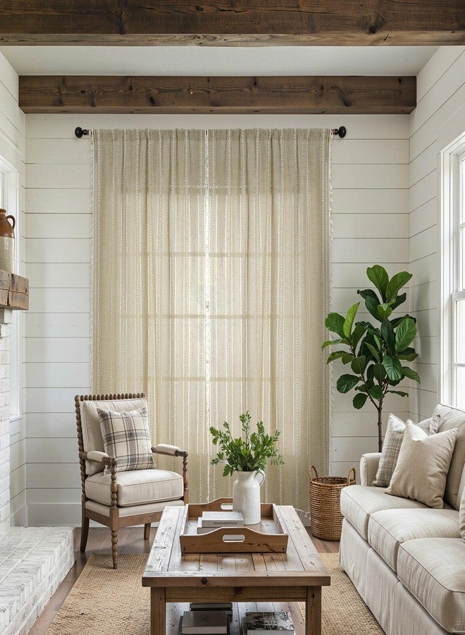 ColorBird Boho Curtains 84 inch Length 2 Panels Set Tan Embroidered Striped Farmhouse Drapes for Bedroom Living Room Dining Nursery Doorways - Image 3