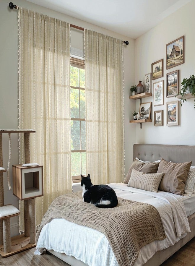ColorBird Boho Curtains 84 inch Length 2 Panels Set Tan Embroidered Striped Farmhouse Drapes for Bedroom Living Room Dining Nursery Doorways - Image 4