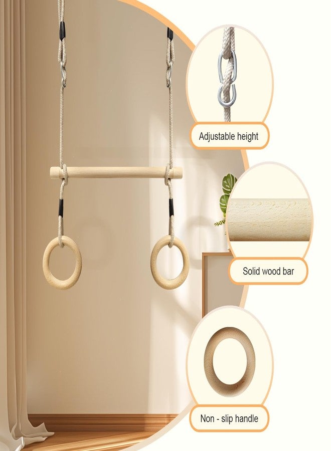 ROPECUBE Wood Trapeze Swing Bar with Gymnastic Rings，Warrior Accessories for Obstacle Course Monkey Bars for Indoor Outdoor Garden，Backyard, Playground, Playroom（Light Brown） - Image 2